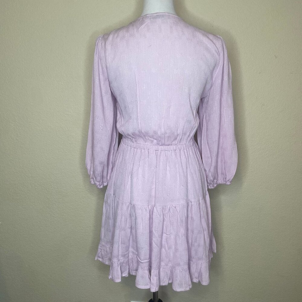 Lush Lilac Tie Front Cutout Mini Dress M Textured Balloon Sleeve Tiered Lavender - Picture 5 of 12